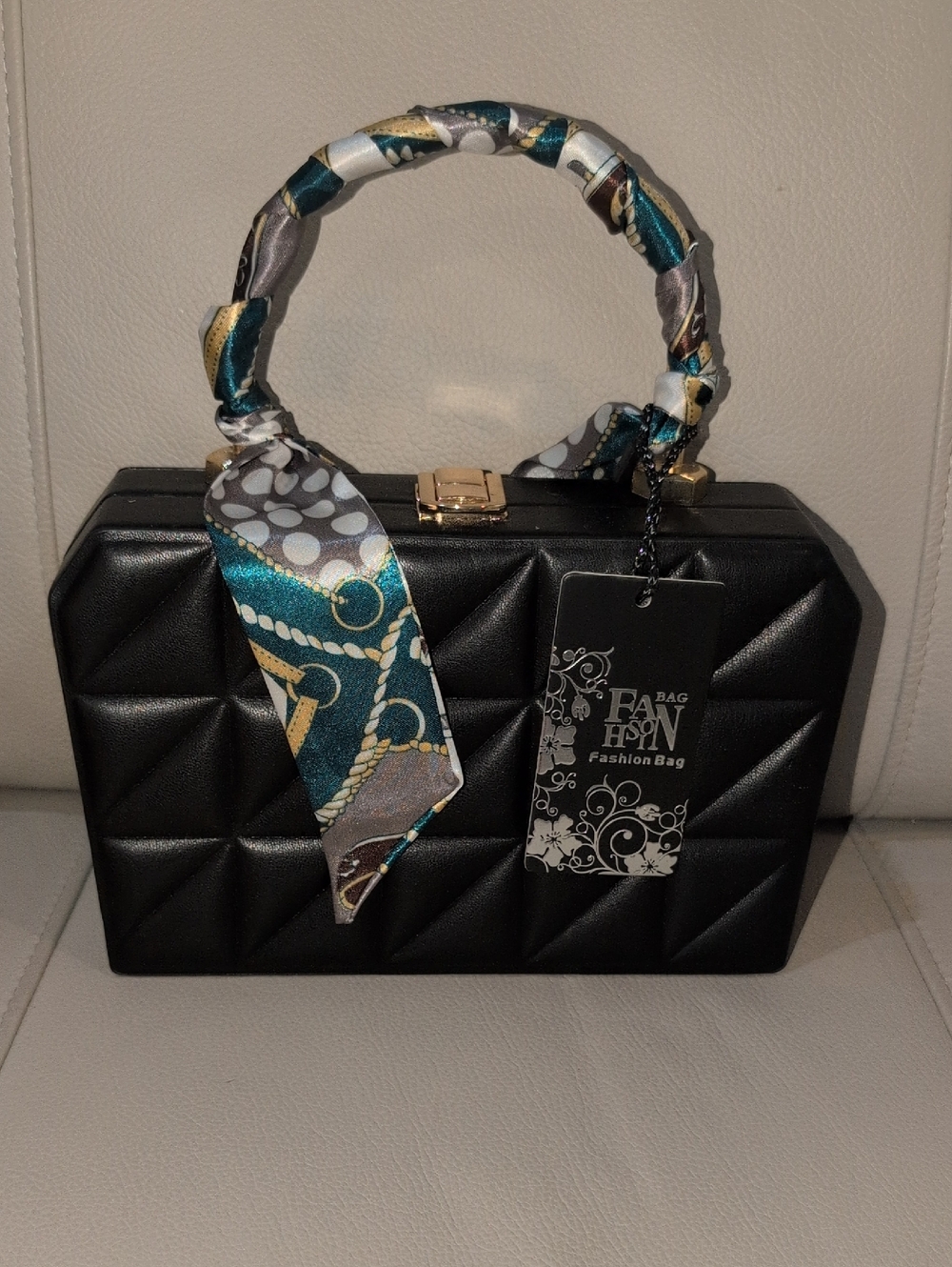 Fashion Bag Black Quilted Box Handbag with Patterned Scarf  and Crossbody Chain